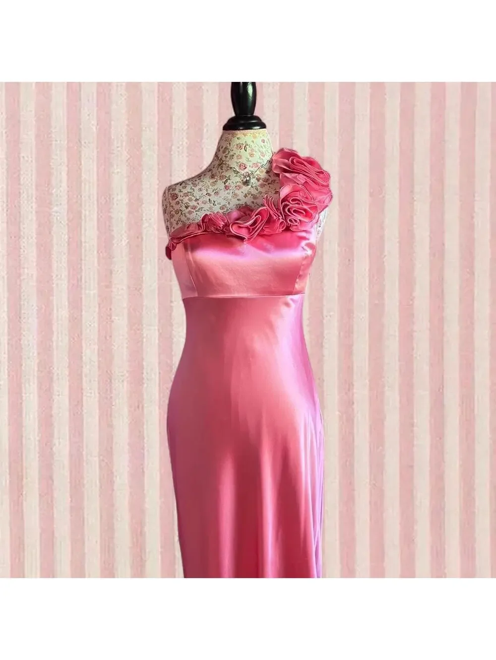 silk pink floor length dress with floral ruffles - Picture 2 of 8